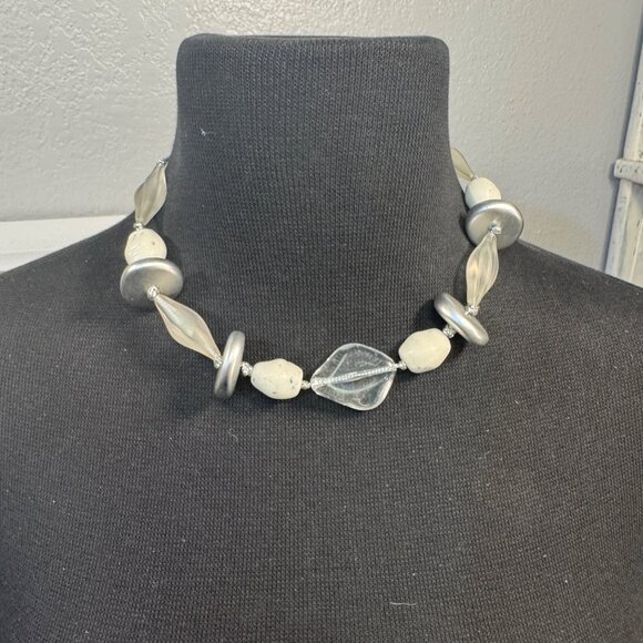 Handcrafted Beaded Necklace With Silver and Clear and White  Accents - Picture 1 of 3